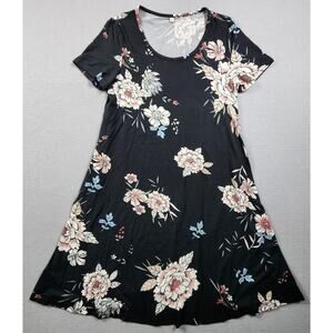 Floral Short Sleeve Dress Above The Knee Loose Fit Womens Size Small Black